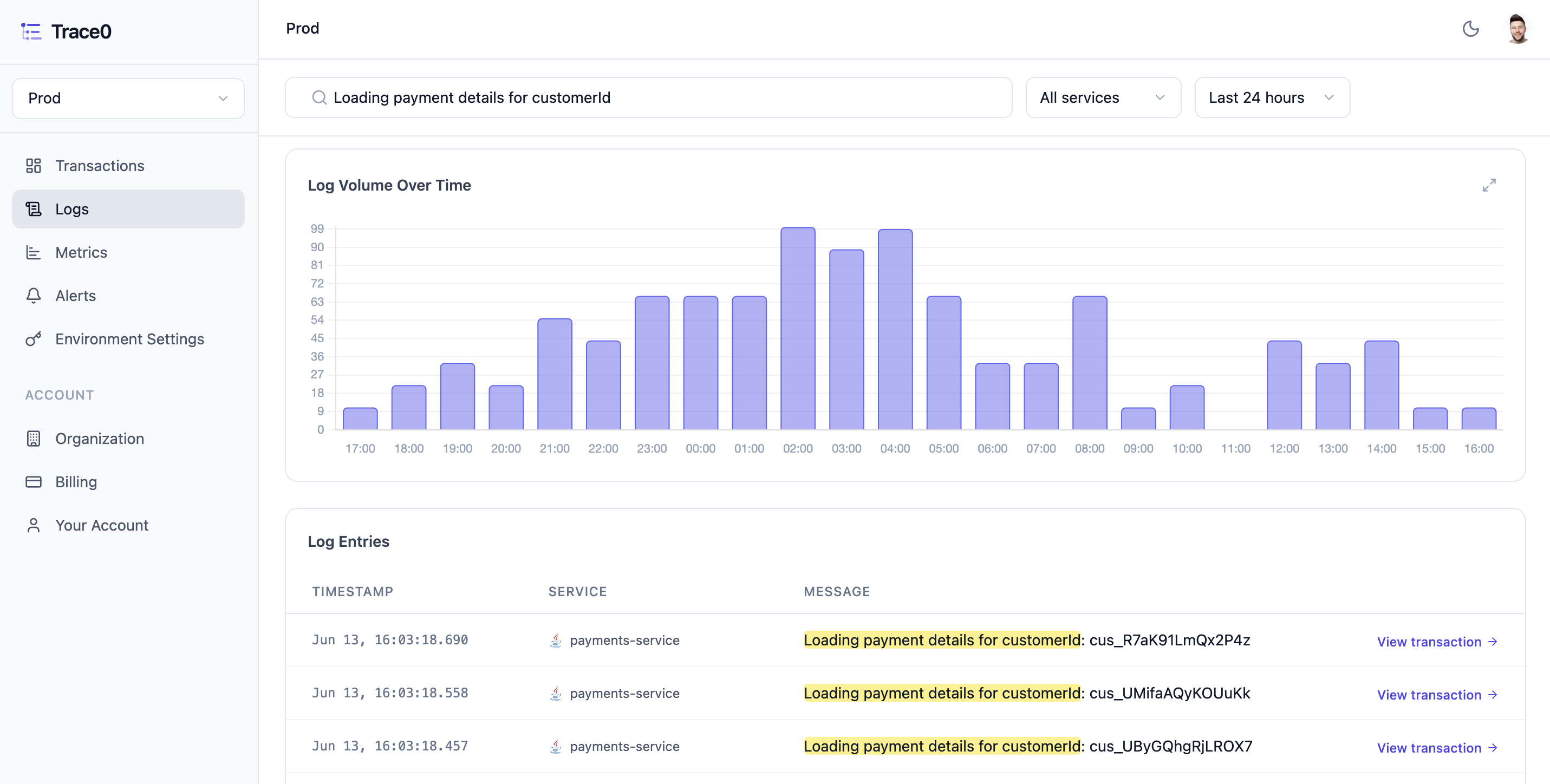 Trace0 log search and analytics