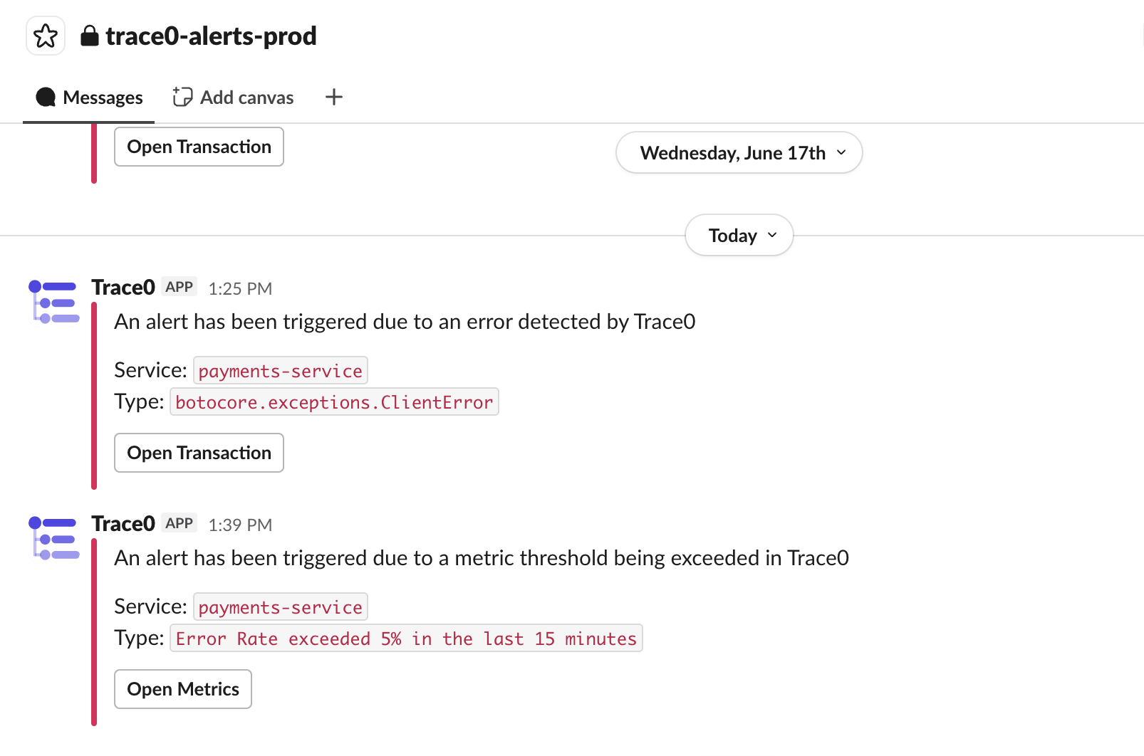 Trace0 Slack alert notification