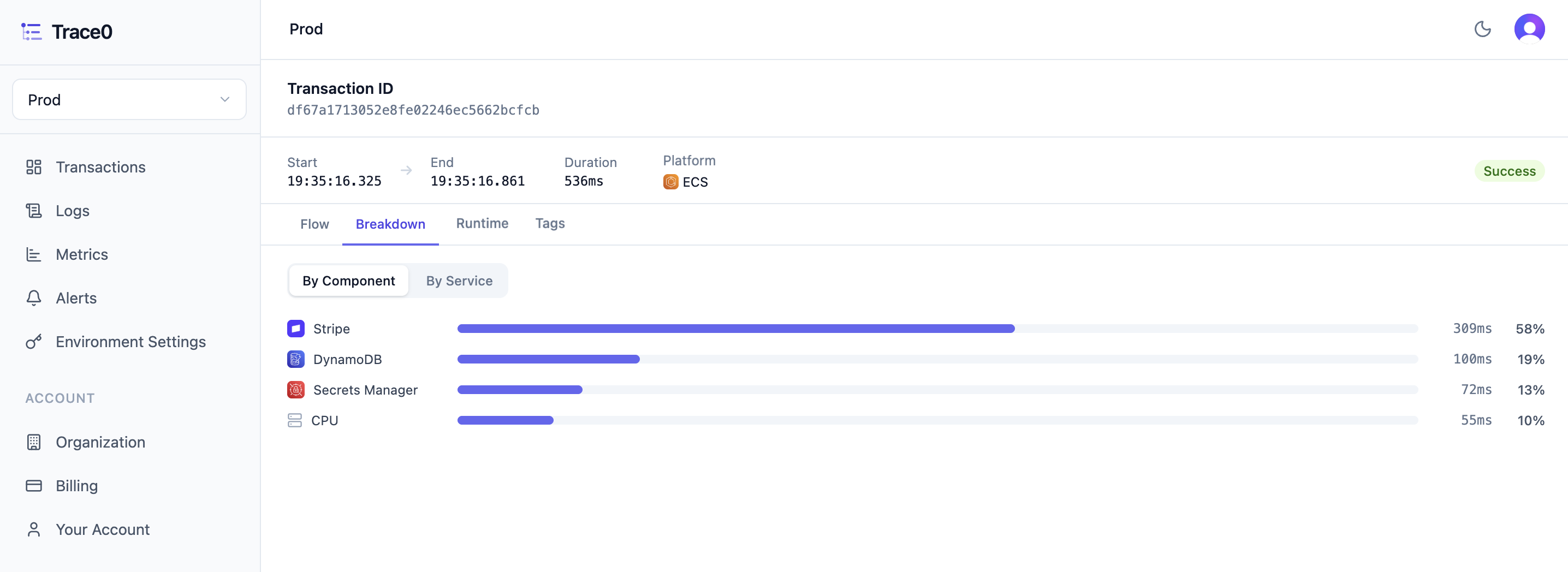 Trace0 component breakdown view