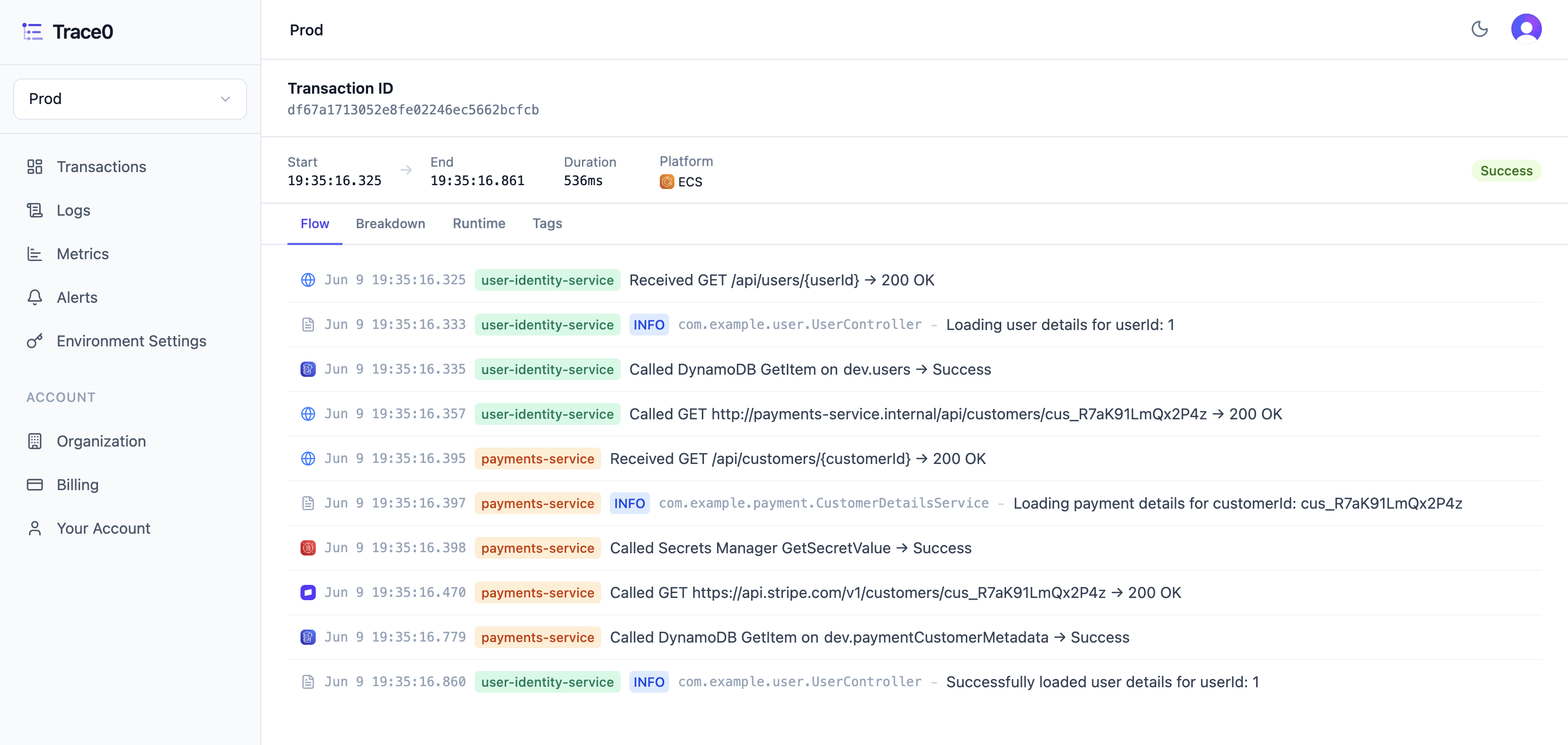 Trace0 dashboard — transaction flow view