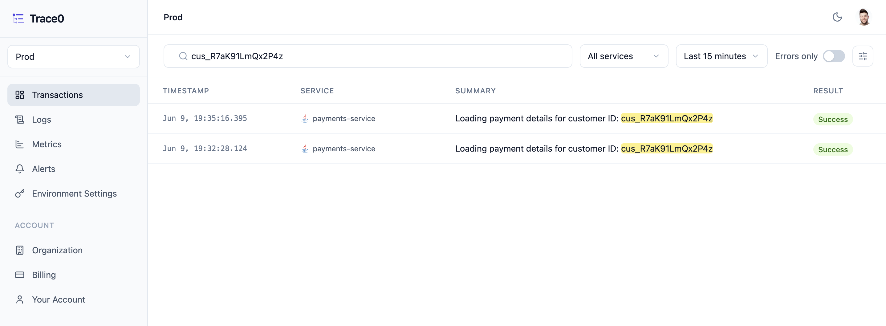Trace0 transaction search