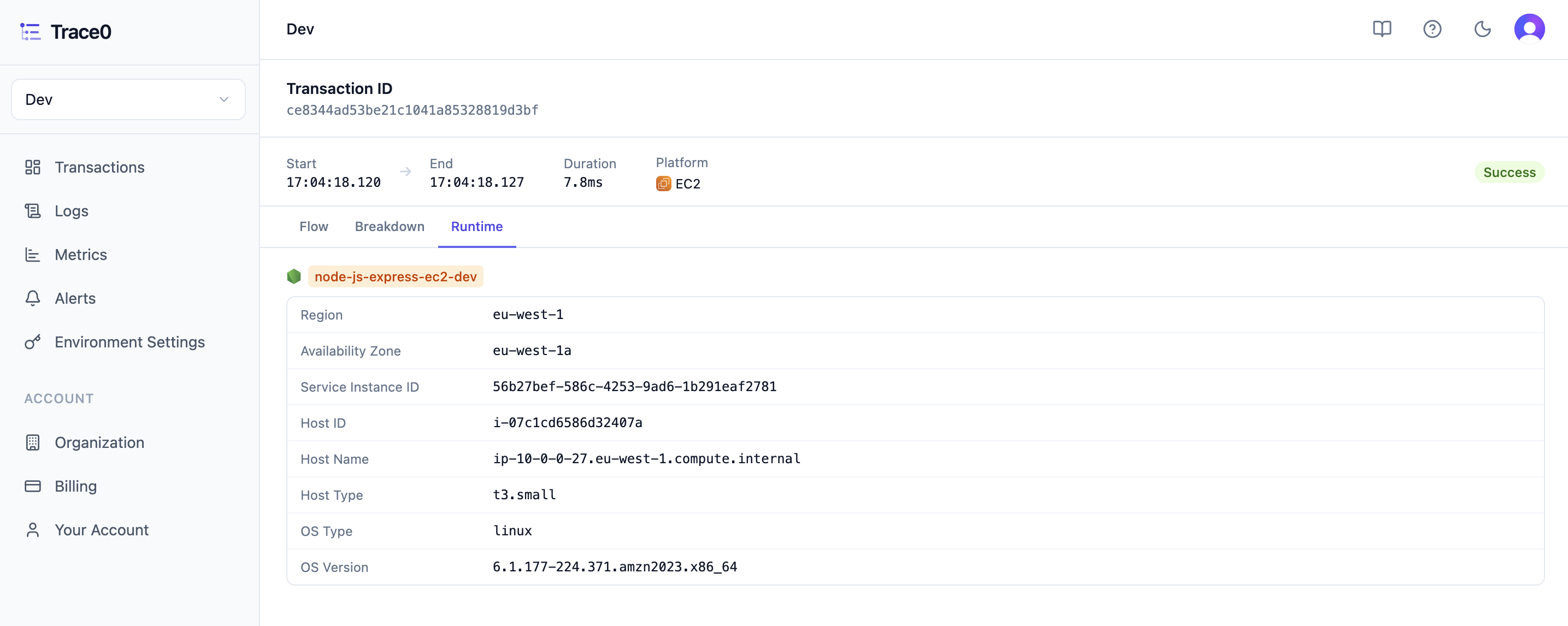 Runtime details for an EC2 transaction