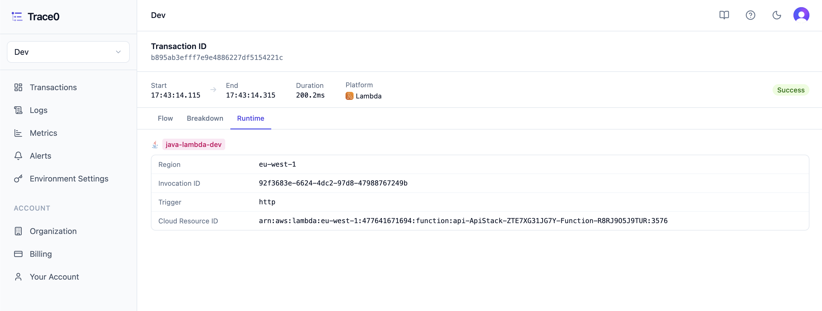 Runtime details for an AWS Lambda transaction