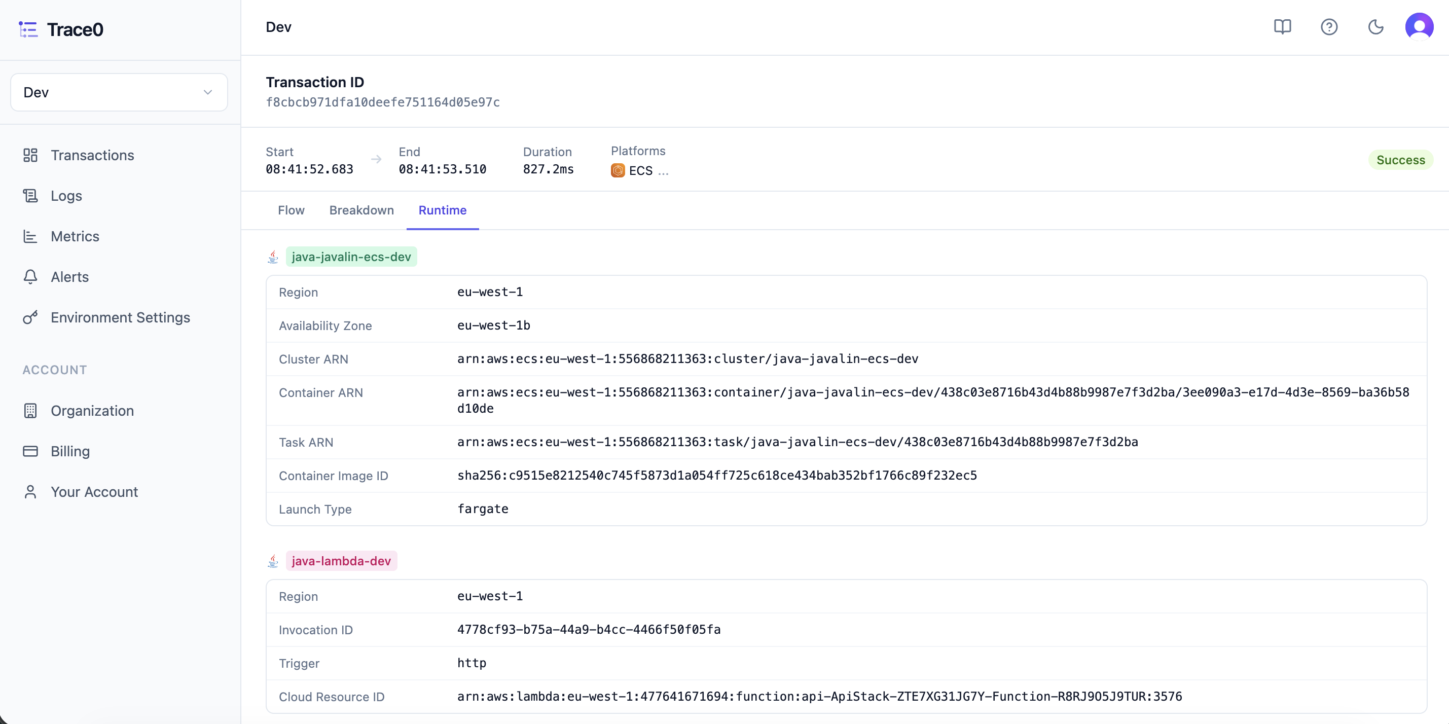 Runtime details for a transaction with multiple services